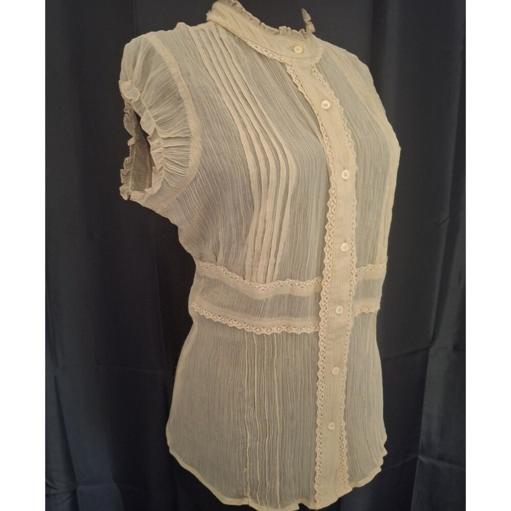 Womens Sheer High neck Button Up Top Beige Large Boho Festival Coquette Whimsy L